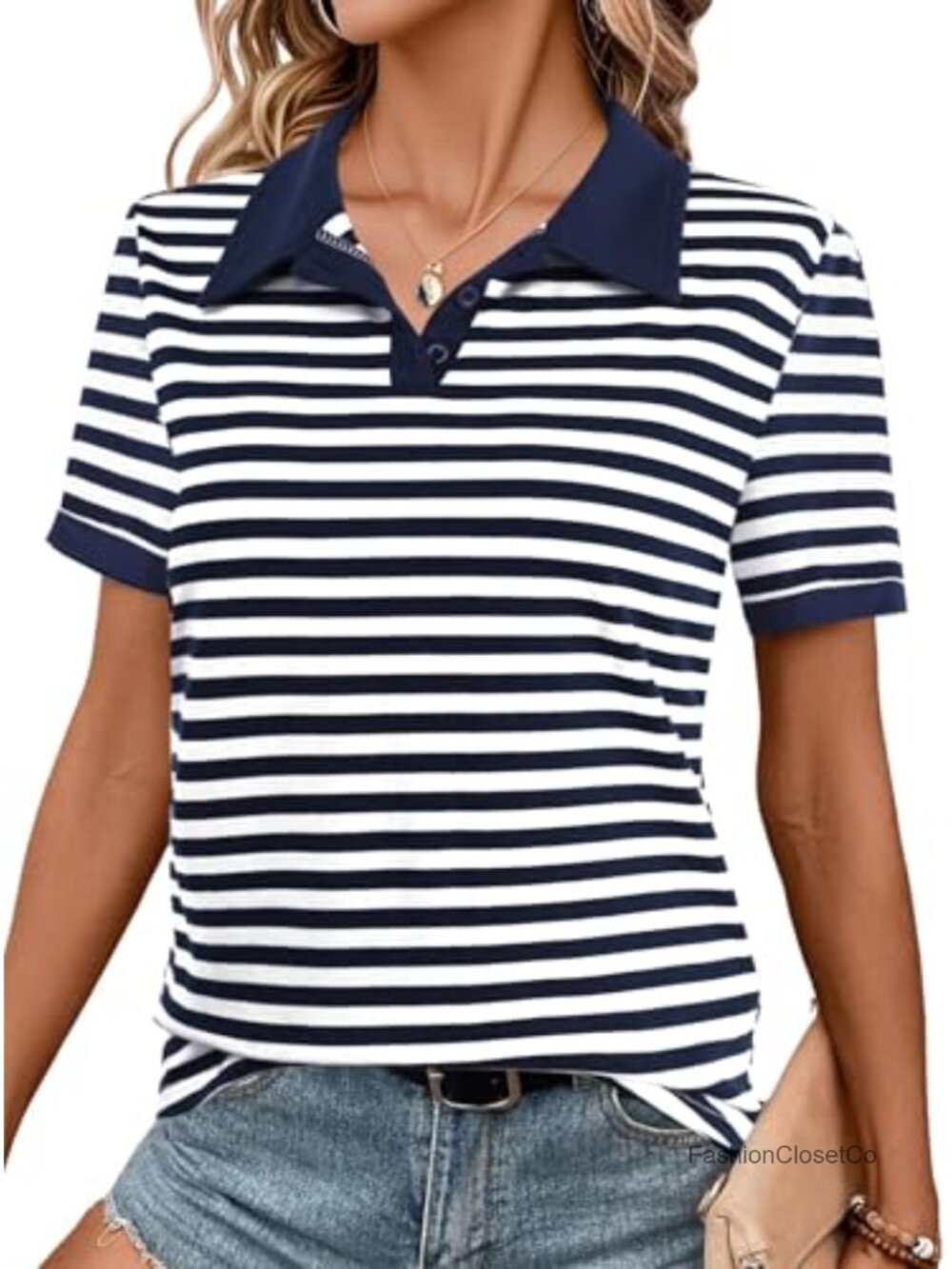 Women's V-Neck Striped Cotton Short Sleeve Shirt Color Block Summer Top